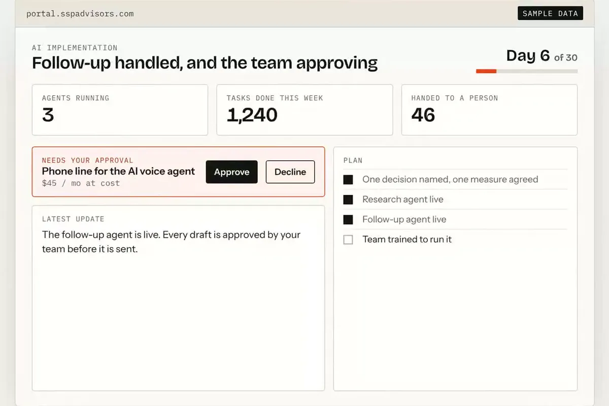 SSP client dashboard: three AI agents running, one approval waiting