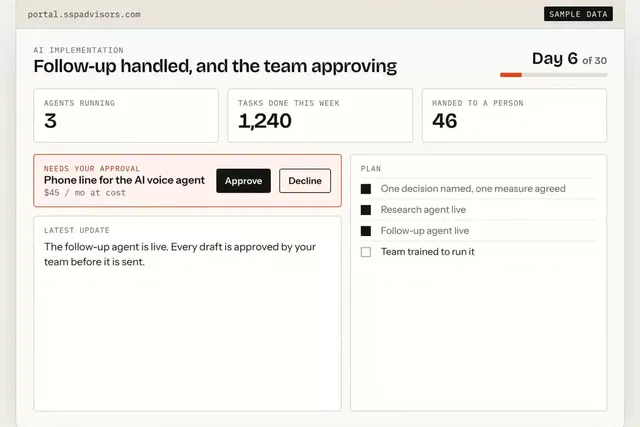SSP client dashboard: three AI agents running, one approval waiting
