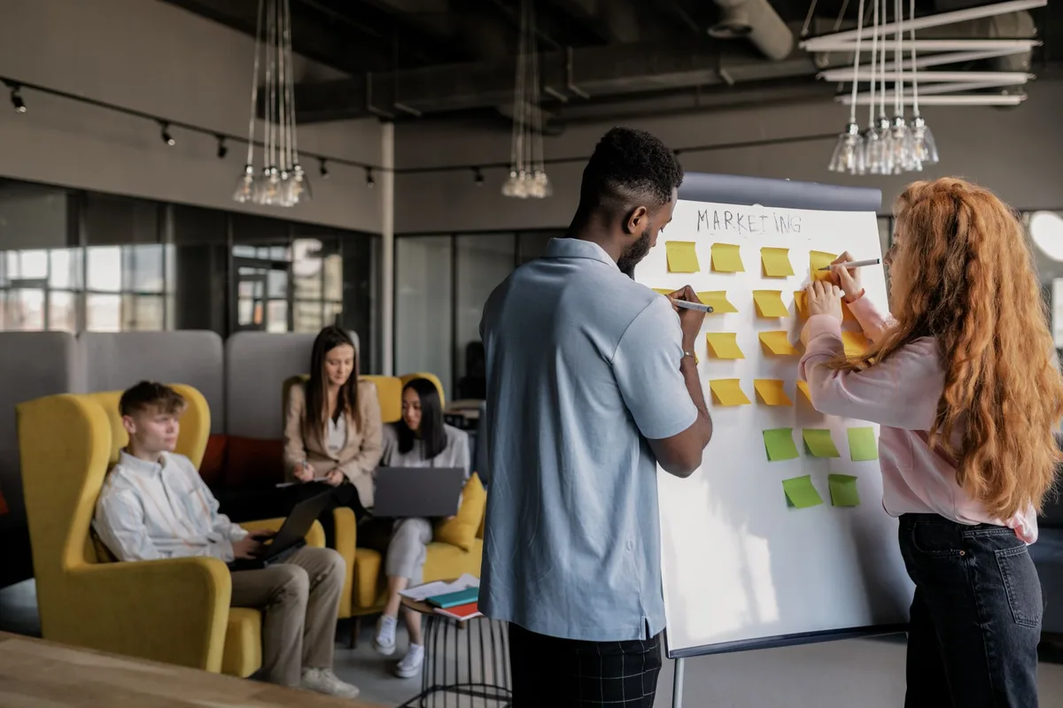 A marketing team planning a campaign at a board of notes